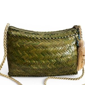 Vintage Handwoven Green Bamboo Chevron Crossbody Purse with Tassel